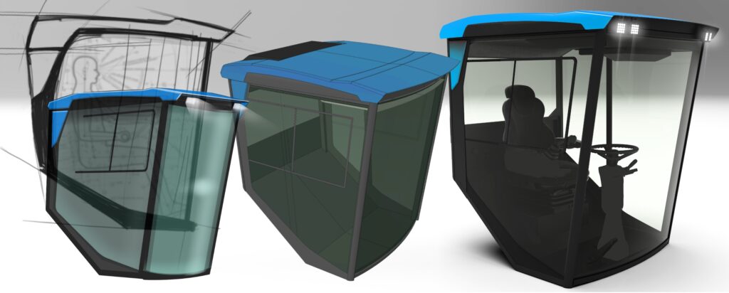 Rendering di cabine con vetratura, struttura e postazione operatore