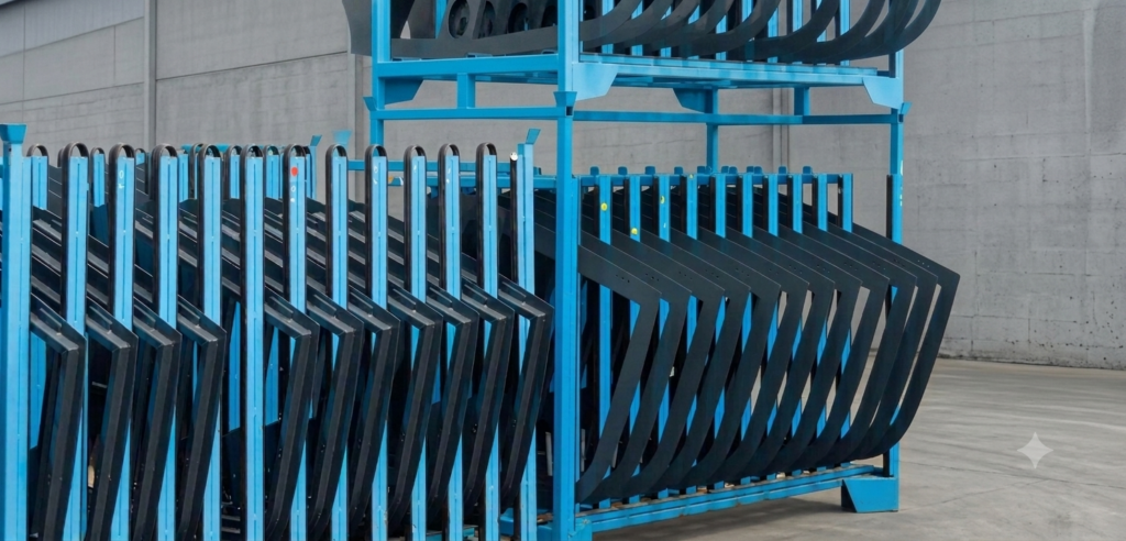 Componenti vetrati su rastrelliere per la logistica di produzione