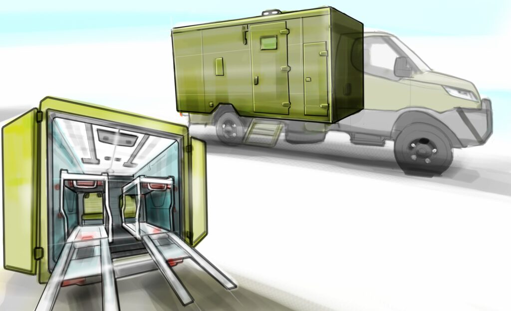 Rendering di ambulanza e shelter sanitario sviluppato da Forghieri